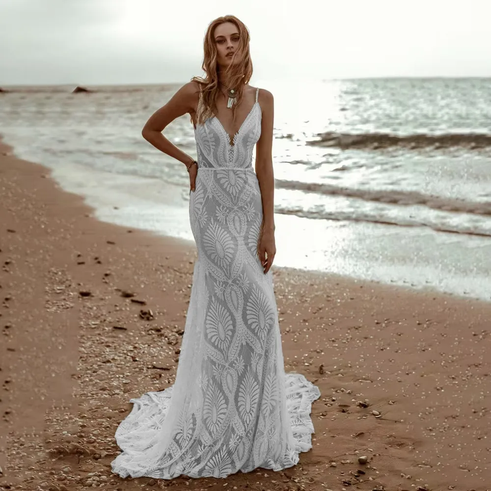 Sexy Lace V Neck Beach Mermaid Wedding Dress Spaghetti Straps Backless