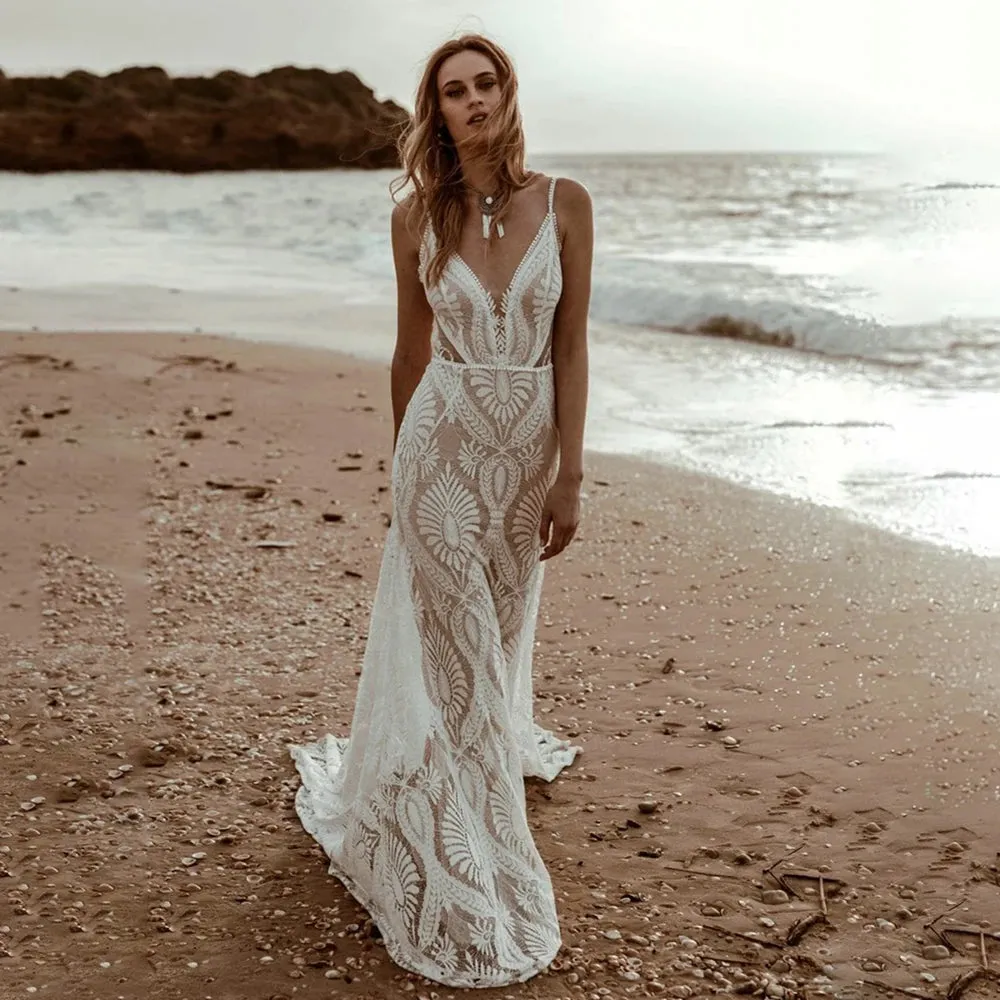 Sexy Lace V Neck Beach Mermaid Wedding Dress Spaghetti Straps Backless