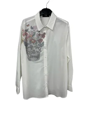 Shirt, Button Down White, Shoulder Skull Flowers