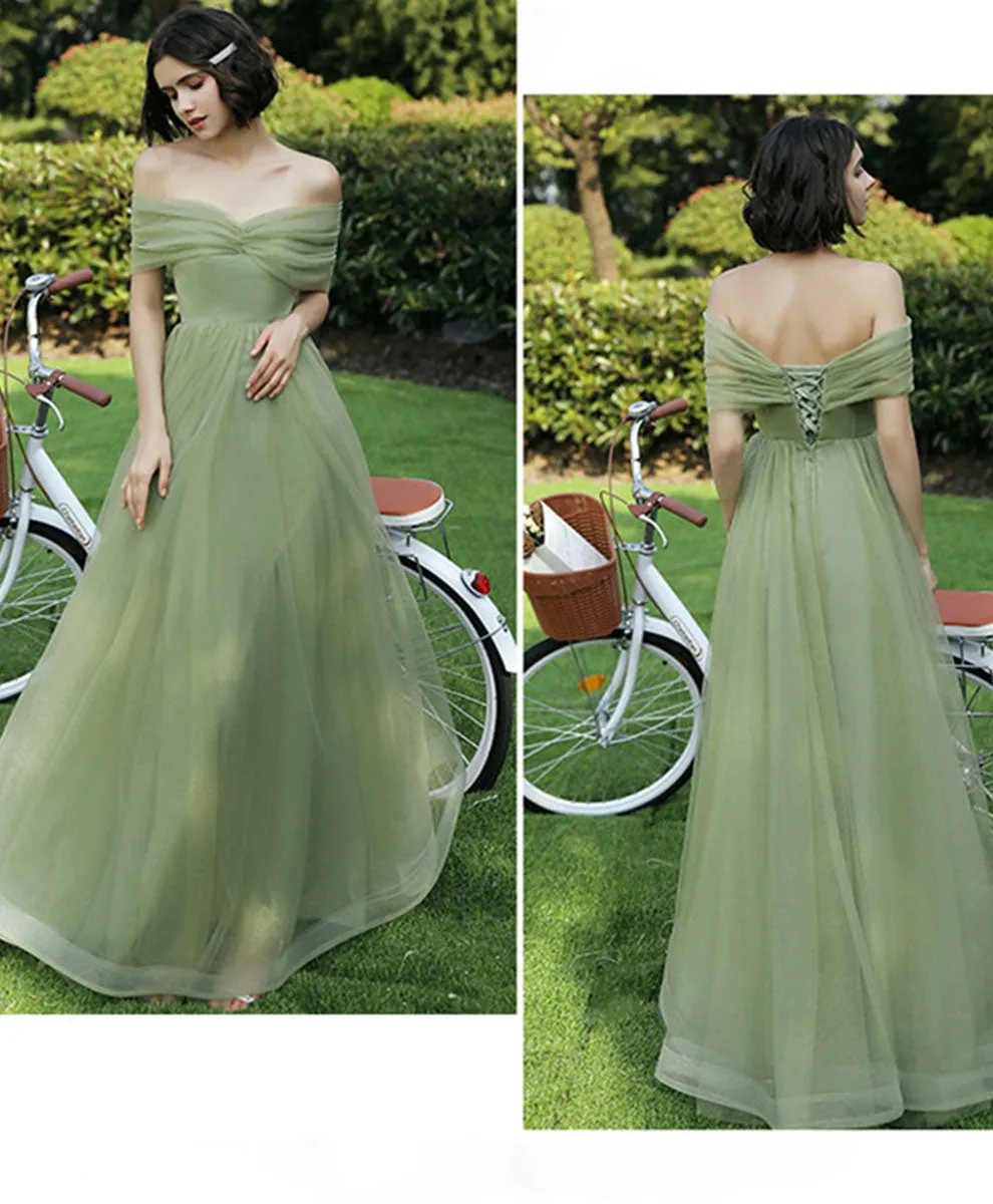 Simple Green Tulle Long Prom Dress, Green Formal Bridesmaid Dress