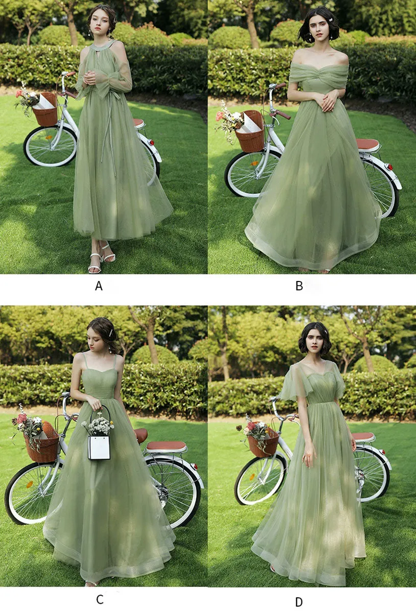 Simple Green Tulle Long Prom Dress, Green Formal Bridesmaid Dress