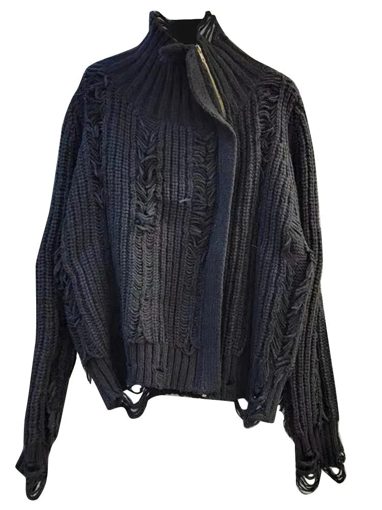 Solid Designer Knitting Sweaters For Women Lapel Long Sleeves Spliced Zipper Temperament Sweater Female Fashion