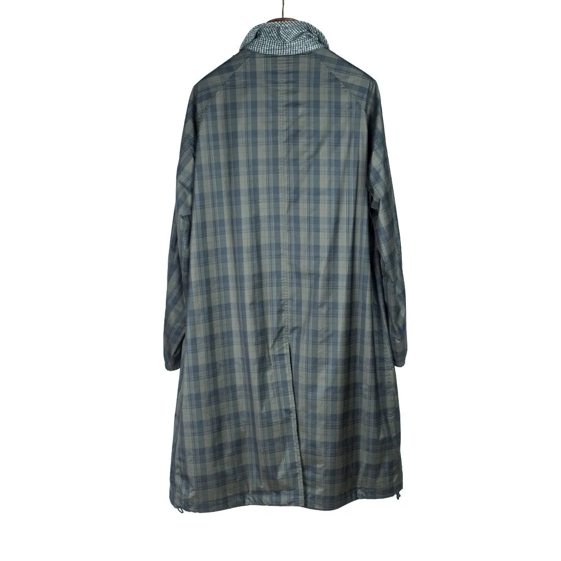 Stadium coat in brown plaid polyester with houndstooth wool lining