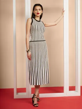 Stripe Midi Pleated Skirt