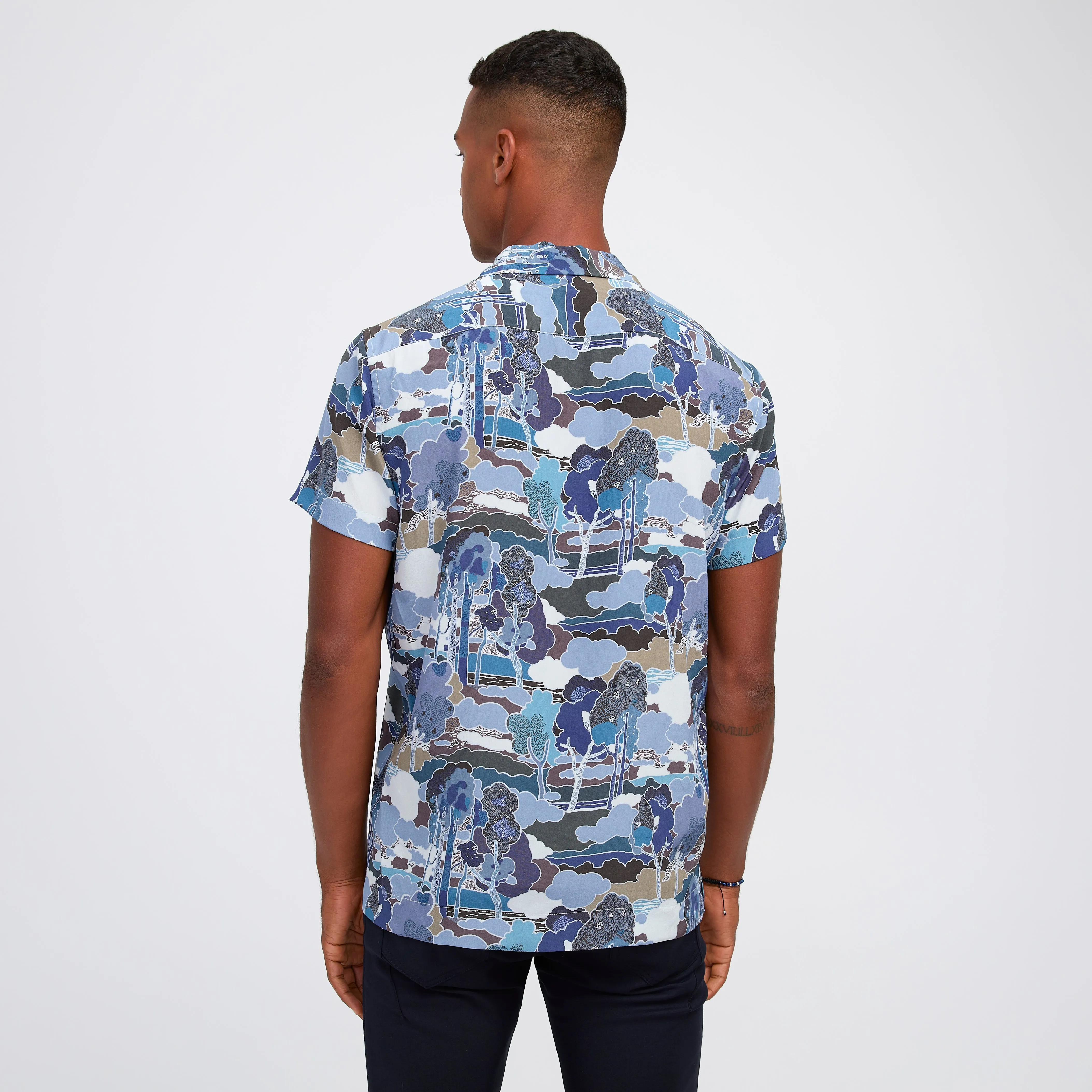Tailored Fit Forest Printed Silk Short Sleeve Shirt Blue Combo