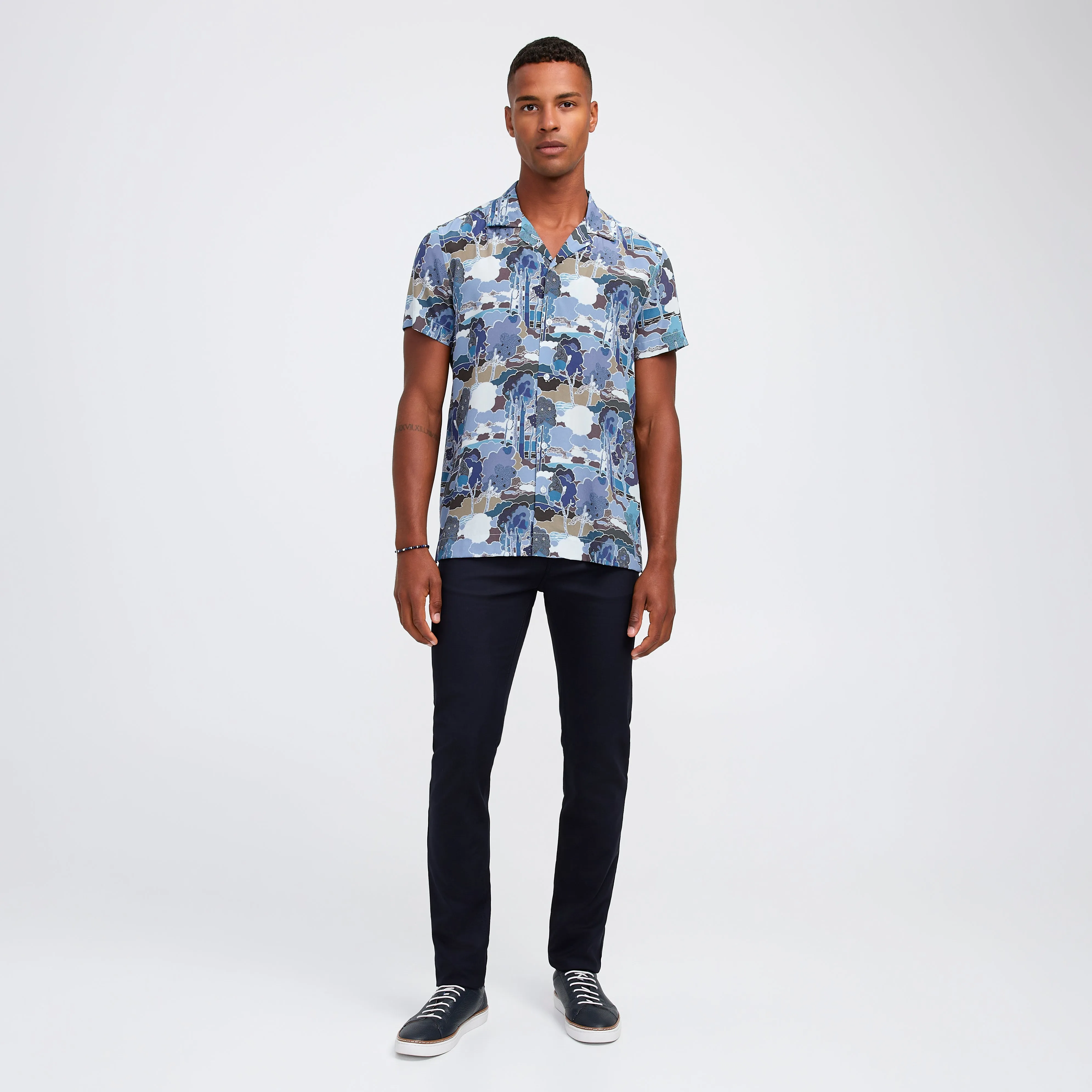 Tailored Fit Forest Printed Silk Short Sleeve Shirt Blue Combo