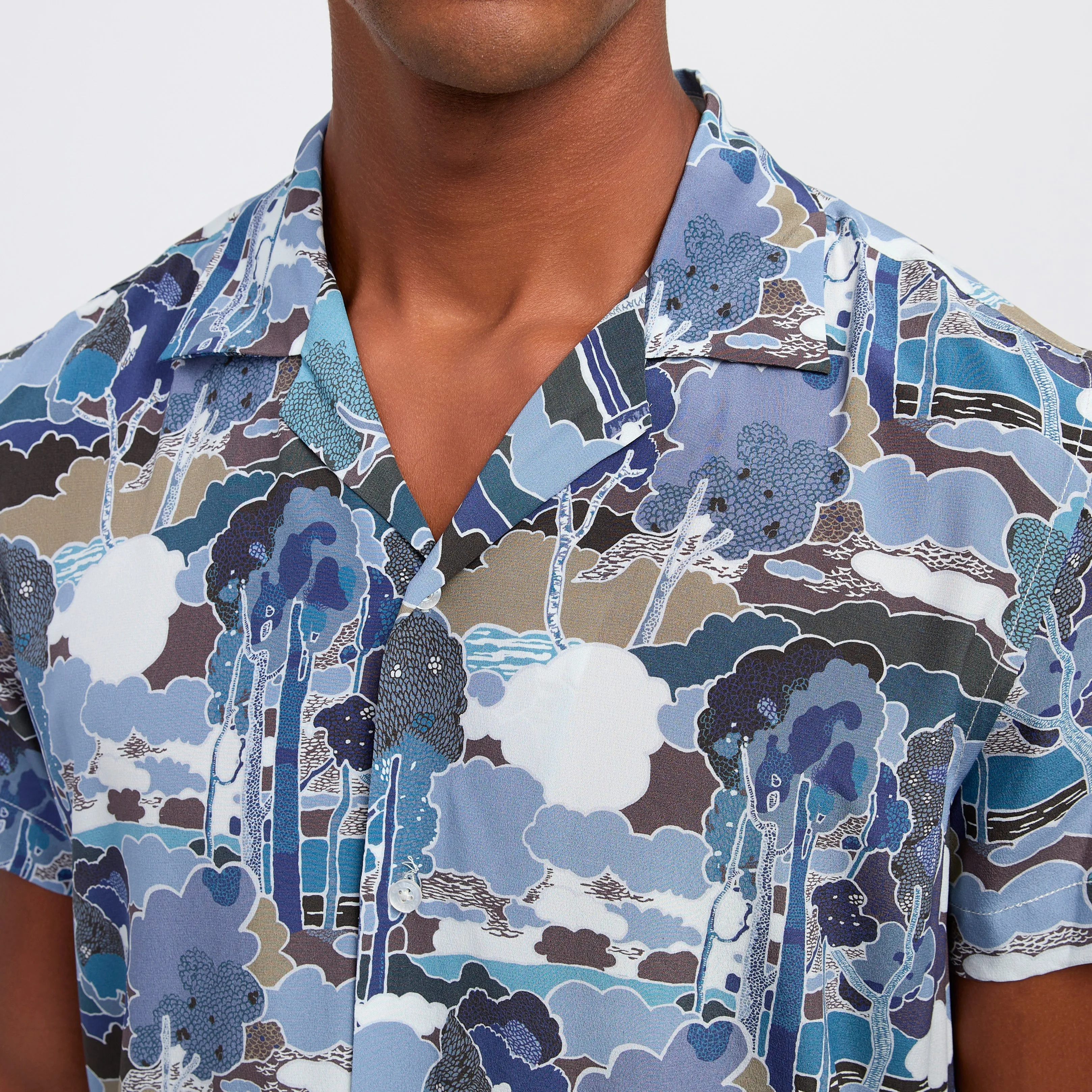 Tailored Fit Forest Printed Silk Short Sleeve Shirt Blue Combo