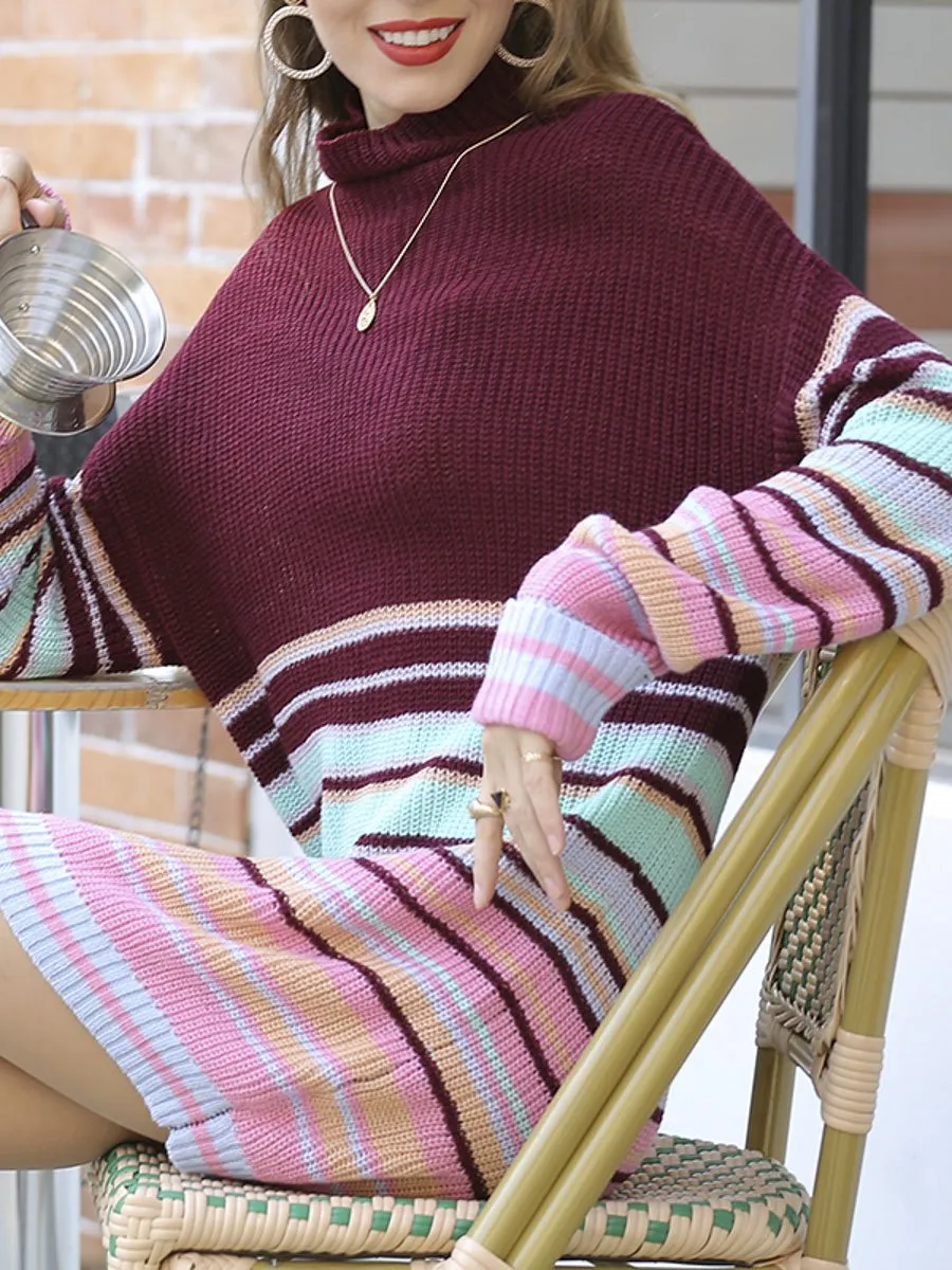 Tea Time Striped Sweater Dress - Burgundy/Blue