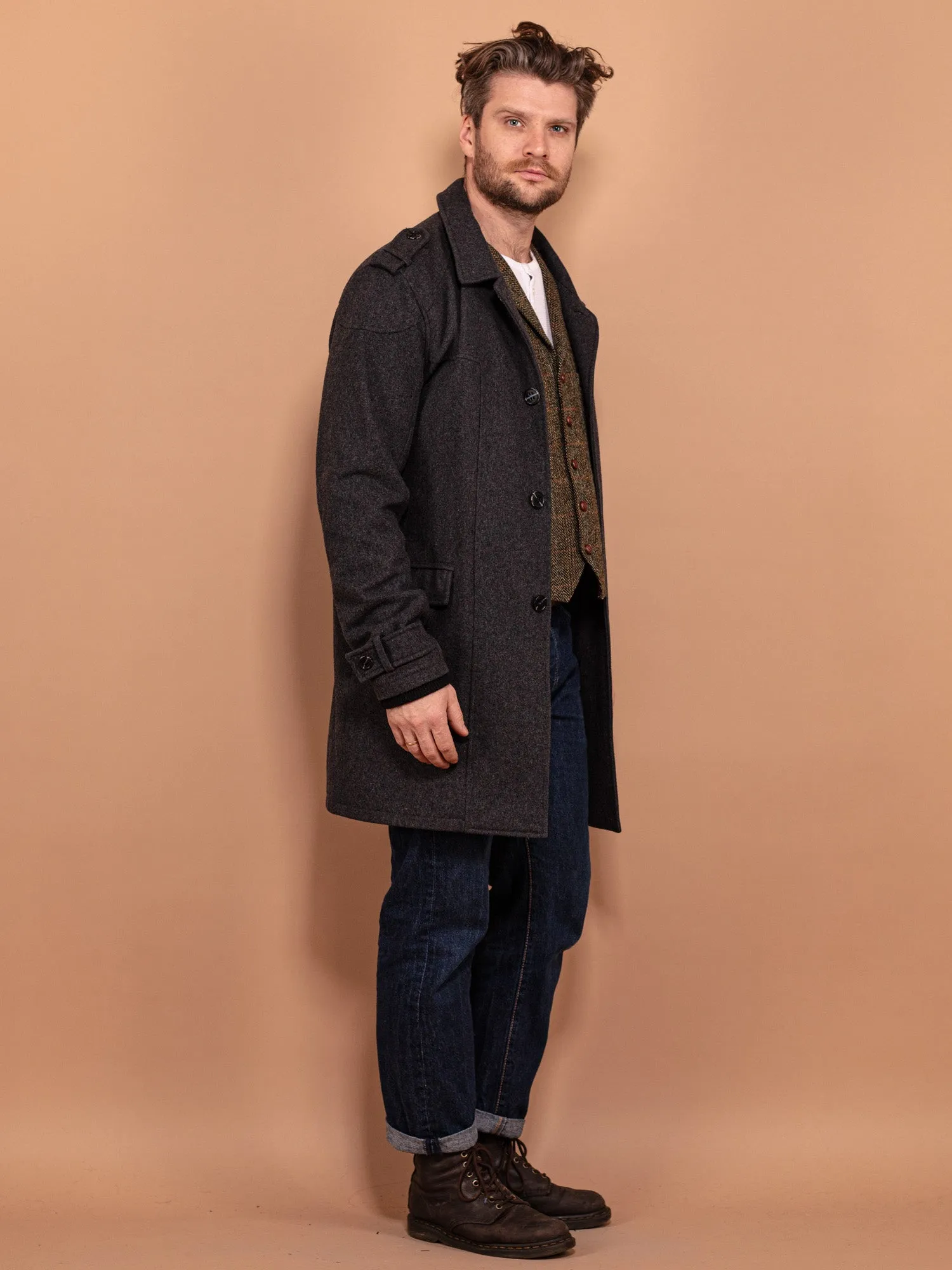 Vintage 00's Men Wool Blend Coat in Dark Grey