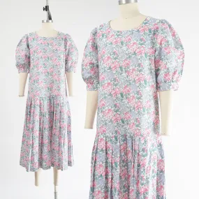 Vintage Laura Ashley Floral Linen Cotton Puff Sleeve Pleated Drop Waist Dress size M