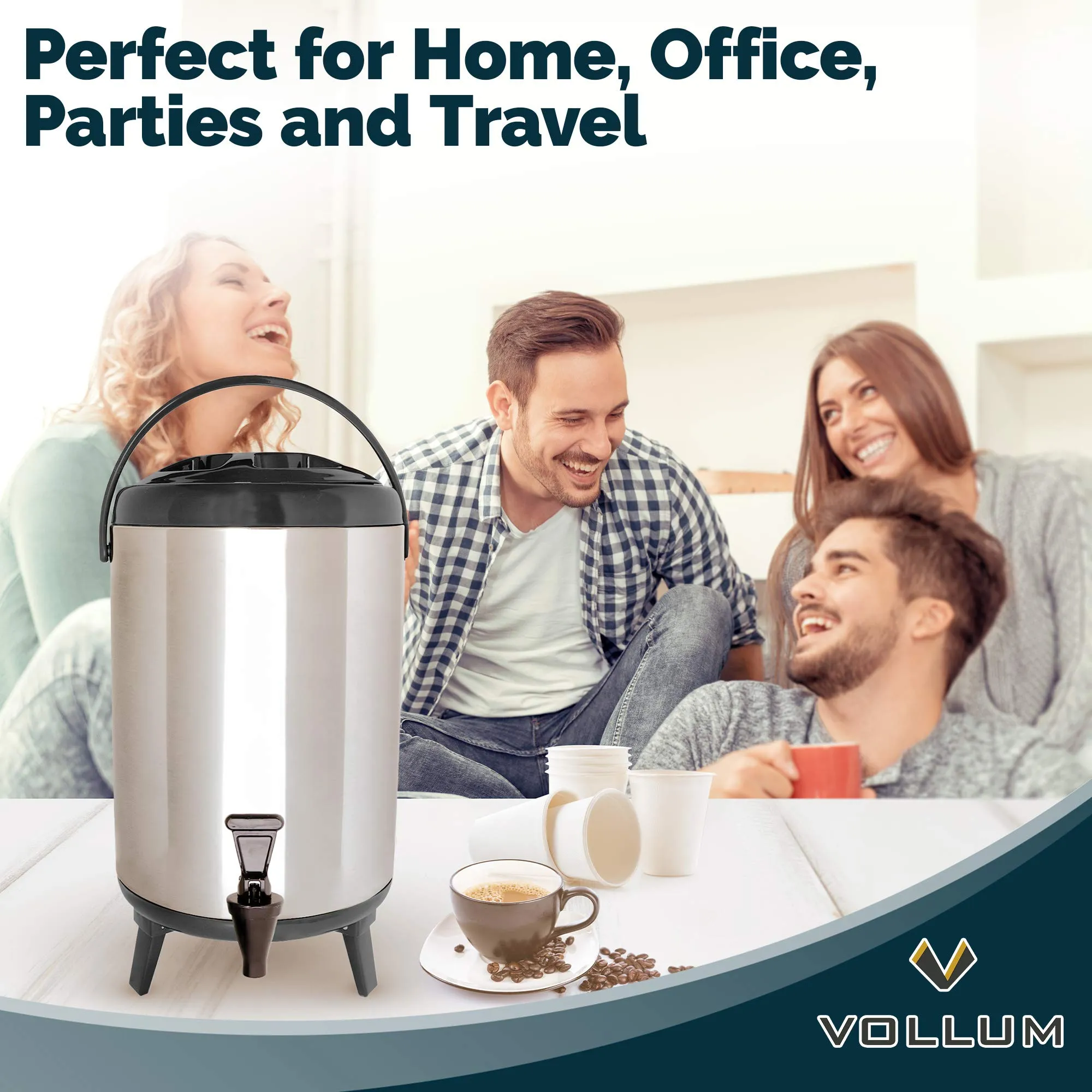 Vollum Stainles Steel Insulated Beverage Dispenser – Insulated Thermal Hot and Cold Beverage Dispenser – 12 Liter Drink Dispenser with Spigot for Hot Tea & Coffee, Cold Milk, Water, Juice & More BLACK