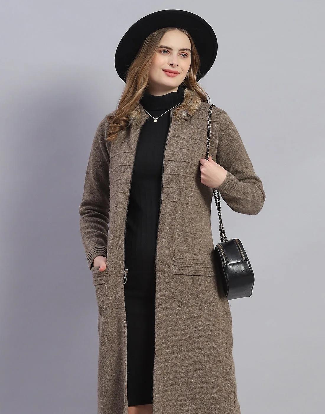 Women Brown Solid Stand Collar Full Sleeve Sweater