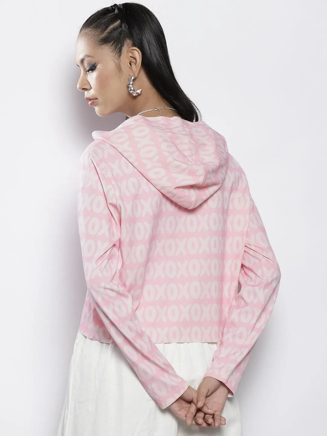 Women Pink Xoxo Print Hooded Sweatshirt