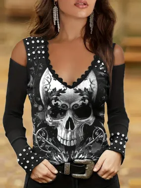 Womens Plus Size Halloween Goth Skull Stripe Print Shirt