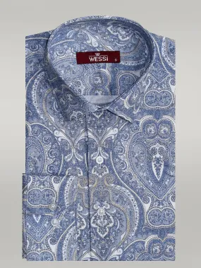 WSS Damask Pattern Slim Fit Long Sleeves Blue Men Shirt  - Singen