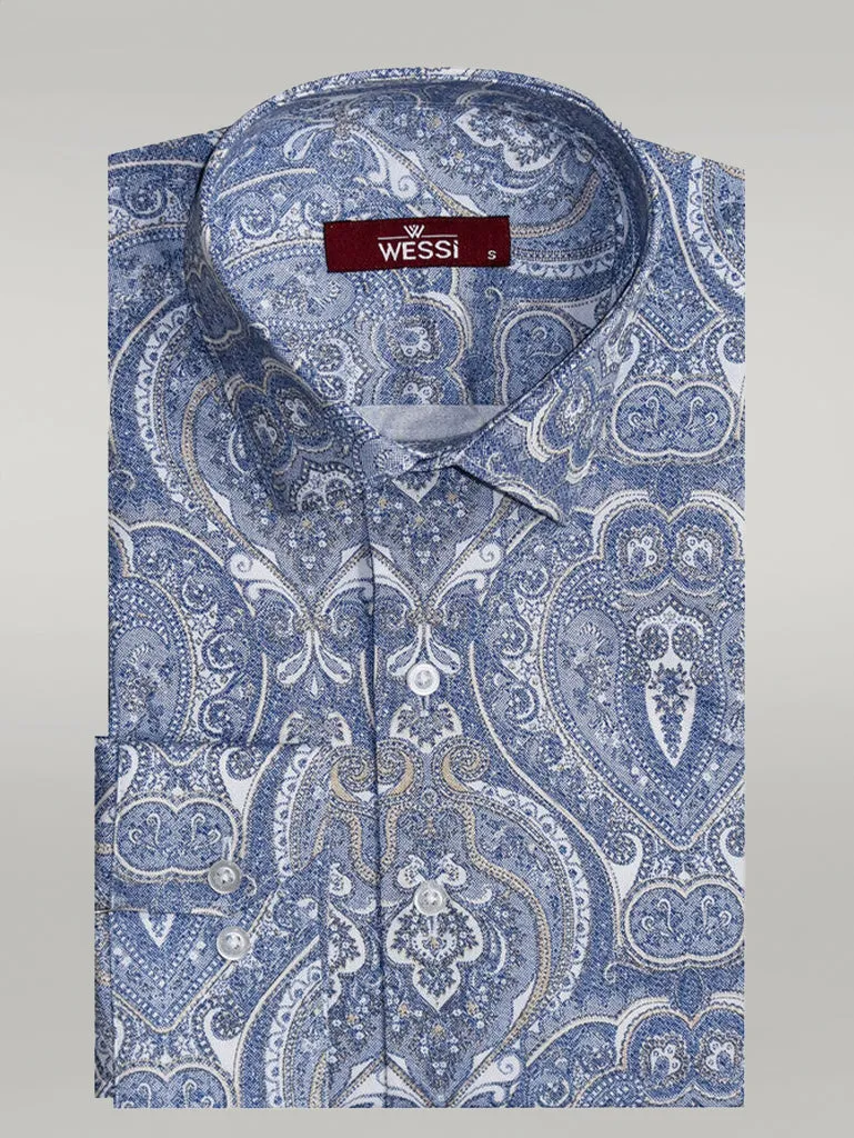 WSS Damask Pattern Slim Fit Long Sleeves Blue Men Shirt  - Singen
